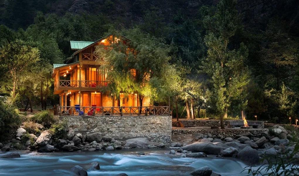 Riverside landscape in Tirthan Valley Himachal Pradesh