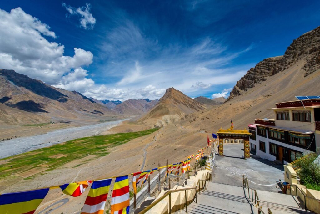 Ancient monastery and mountain landscape in Spiti Valley Himachal Pradesh