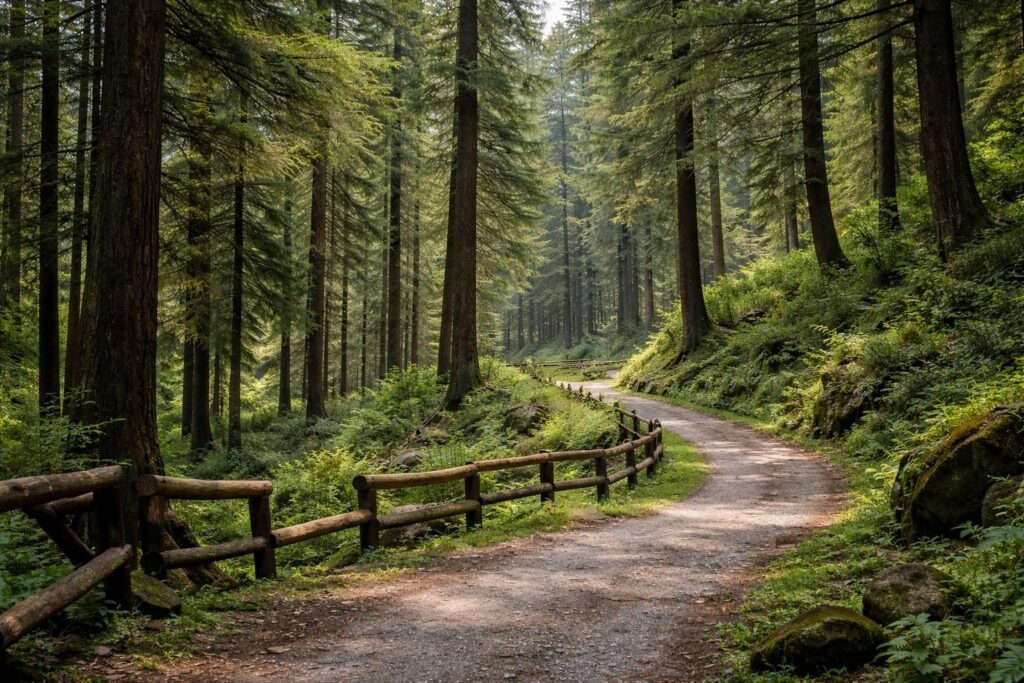 Birdwatching trail through deodar forest in Kalatop Wildlife Sanctuary near Dalhousie