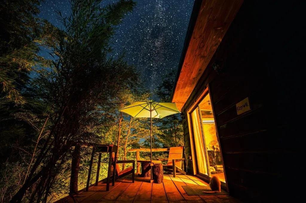 Private cabin with outdoor seating for stargazing in Dalhousie surrounded by pine forests
