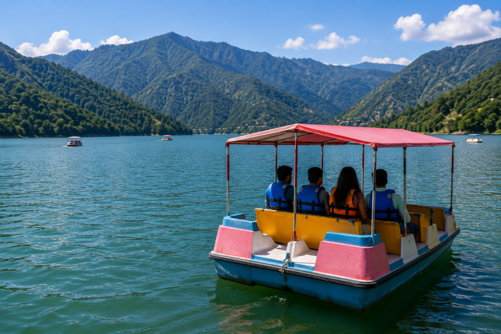 Visitors enjoying boating on Chamera Lake with scenic mountain views