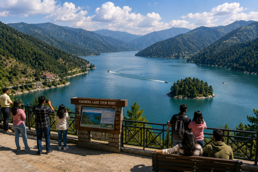 Aerial view of Chamera Lake reservoir surrounded by lush green hills in Himachal Pradesh