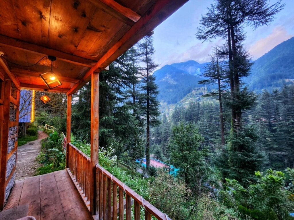 Cozy wooden cabin surrounded by forests during the monsoon in Dalhousie