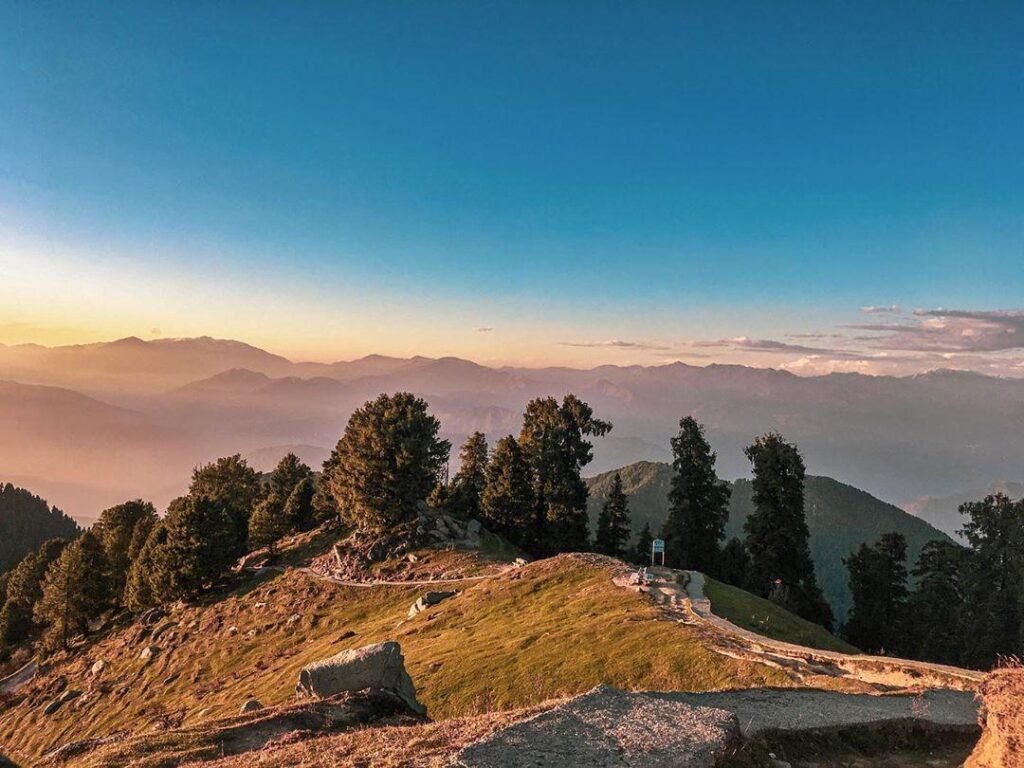 Dainkund Peak sunrise viewpoint in Dalhousie with panoramic Himalayan mountain views