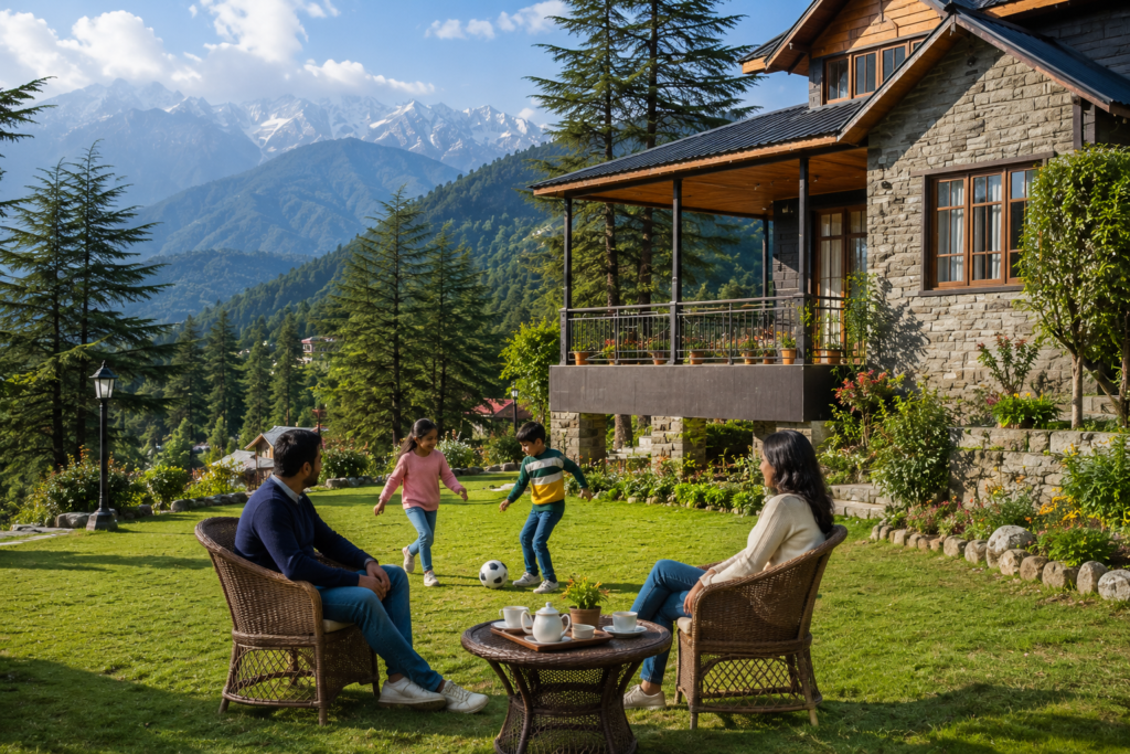 Family relaxing outside a private cabin in Dalhousie