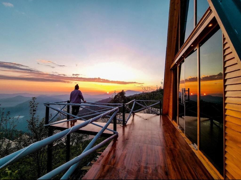 Peaceful Himalayan sunset at a private cabin during a yoga retreat in Himachal Pradesh