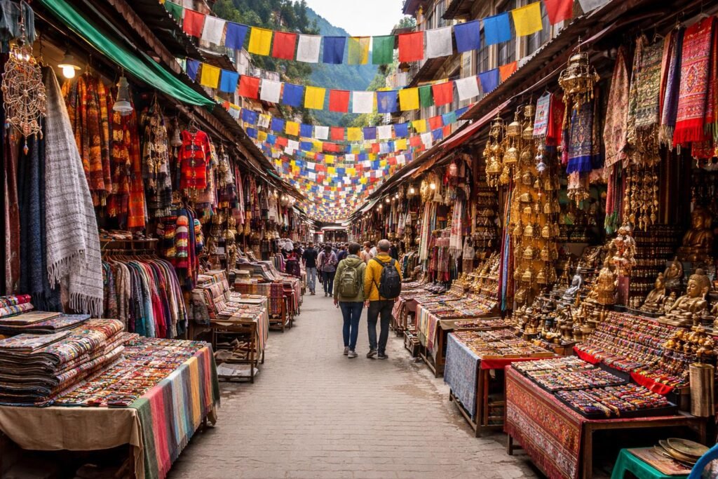 Tibetan Market in Dalhousie displaying handicrafts, prayer flags, woollen clothes, and souvenirs