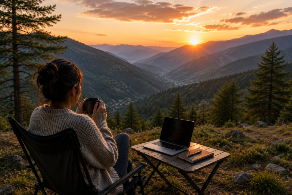 Traveler enjoying the mountains after remote work in Dalhousie