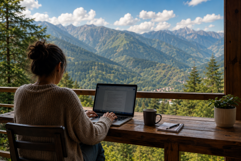Professional working on a laptop during a mountain workation in Himachal Pradesh