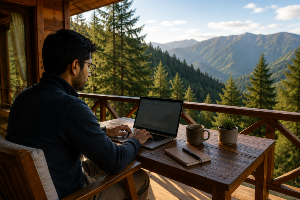 Remote professional working from a cabin during a mountain workation