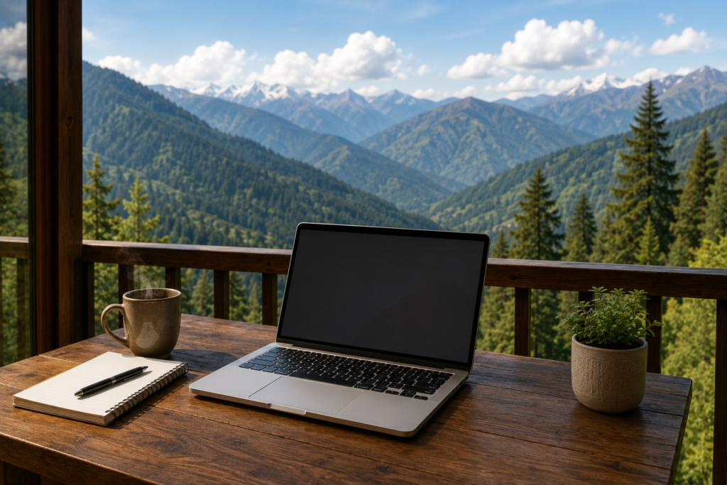 Remote work setup with laptop overlooking the Himalayan mountains