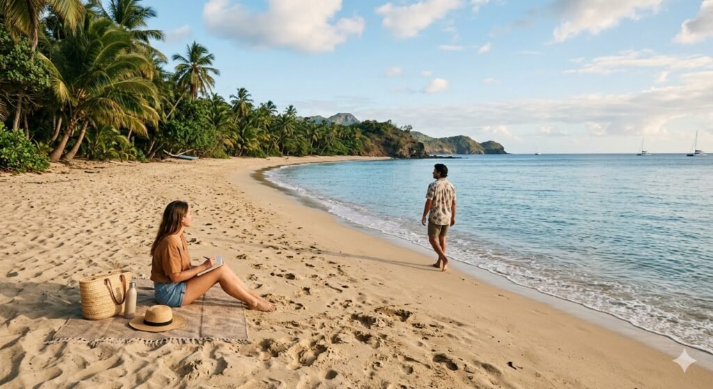 Travelers enjoying a relaxing beach holiday