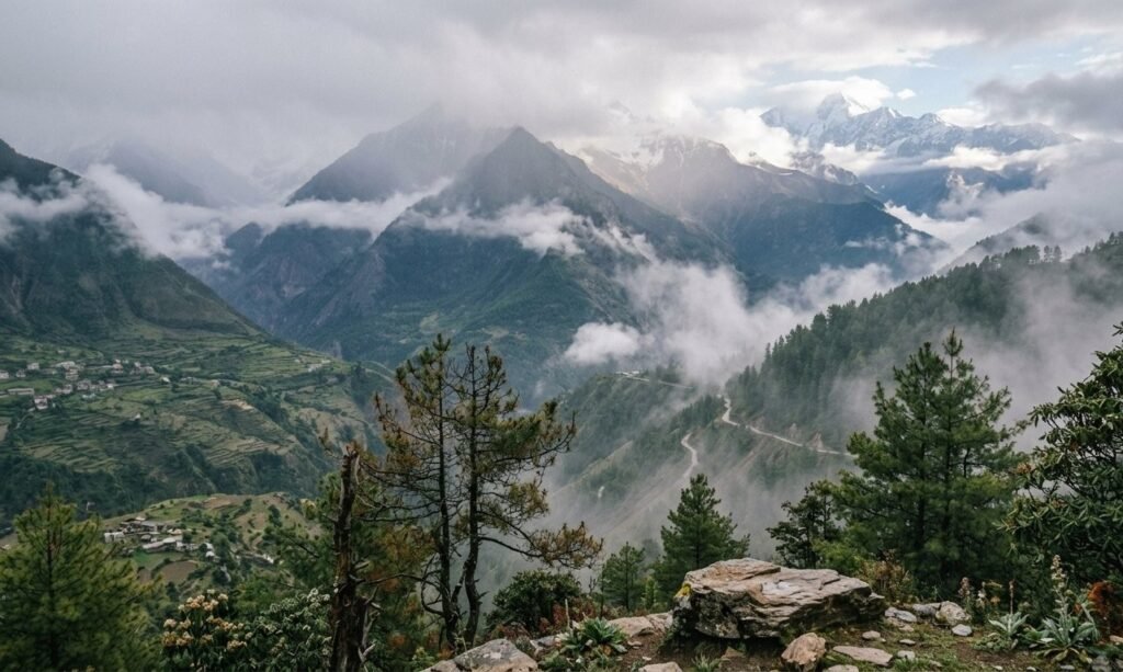 Misty Himalayan mountains during changing mountain weather
