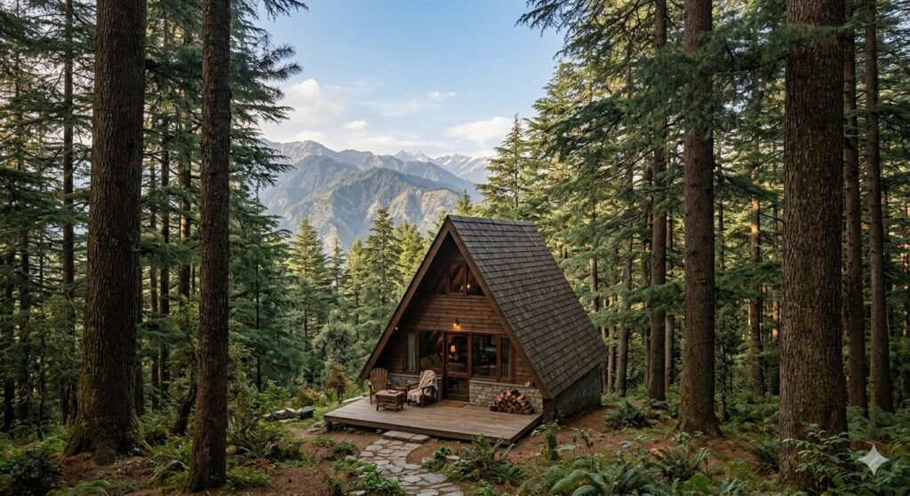 EVA Cabins A-frame cabin surrounded by Himalayan forest in Dalhousie