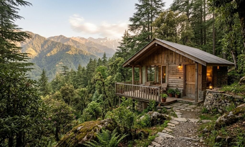EVA Cabins mountain stay surrounded by forest near Dalhousie
