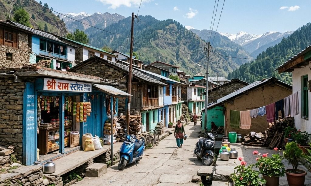 Everyday life along a small mountain village street in Himachal Pradesh