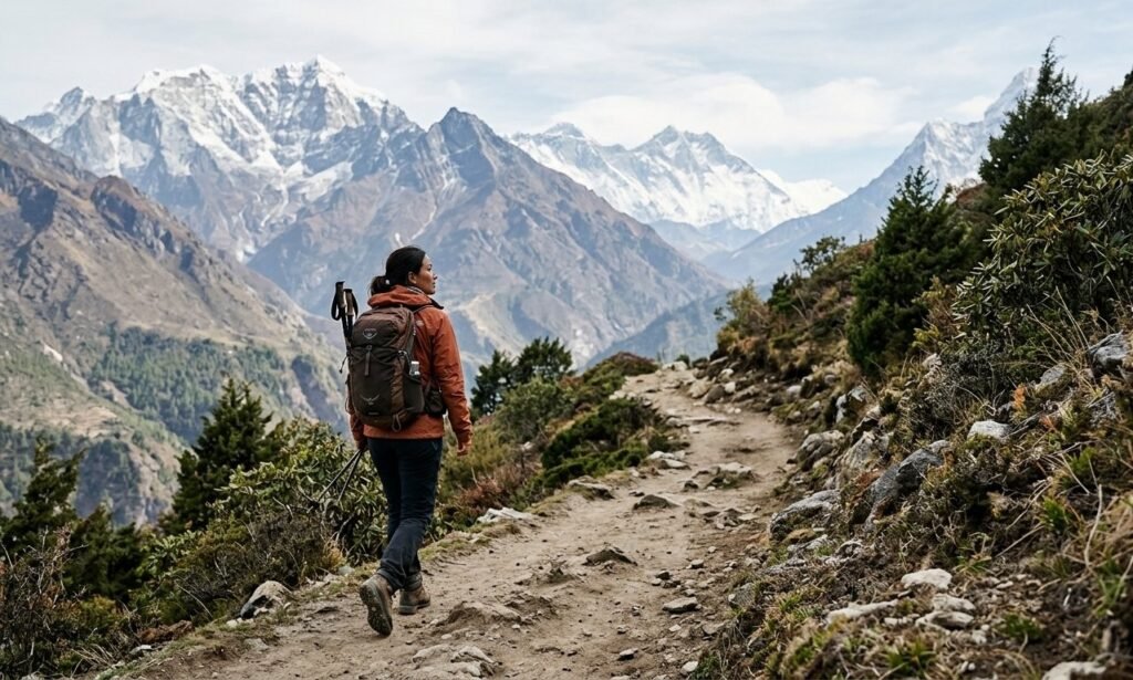 Traveller walking slowly and observing a Himalayan mountain environment