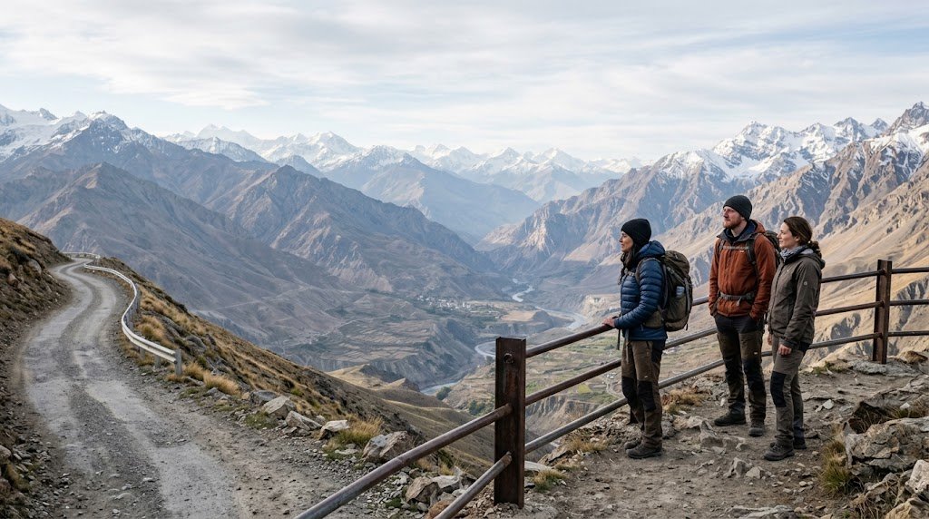 Travellers enjoying wide mountain views from a famous Himalayan viewpoint