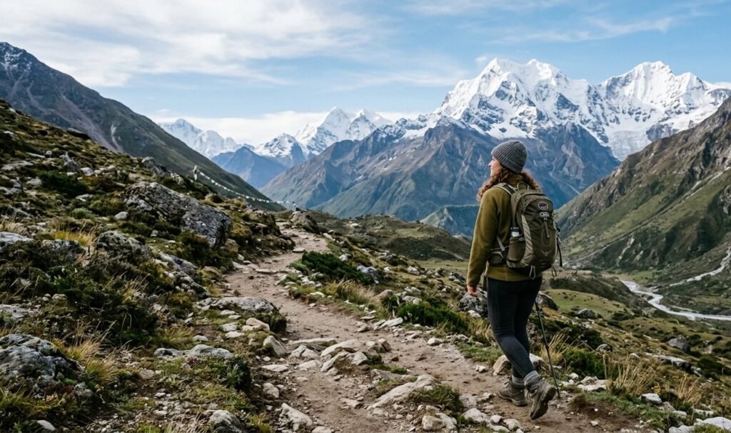 Traveller taking a gentle walk through a Himalayan landscape