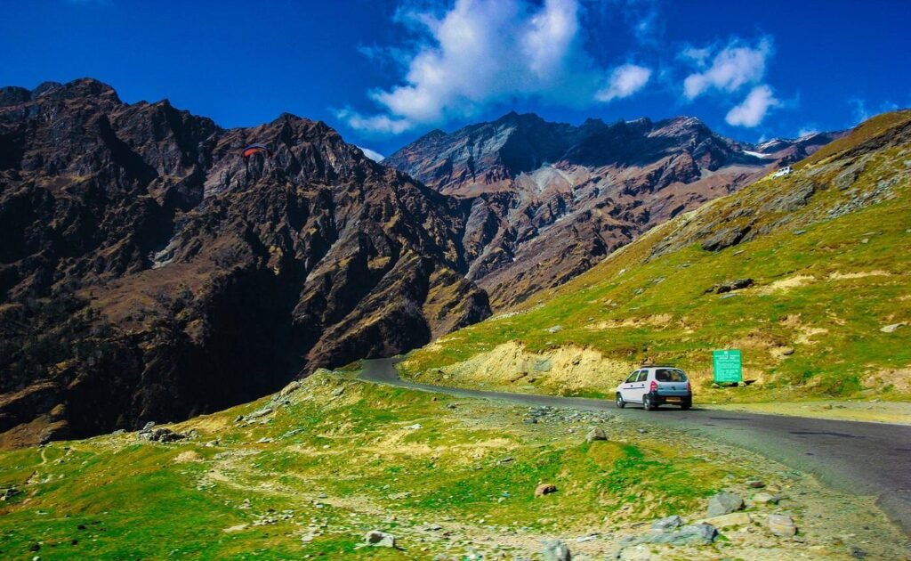 Winding mountain road through the Himalayas during a road journey