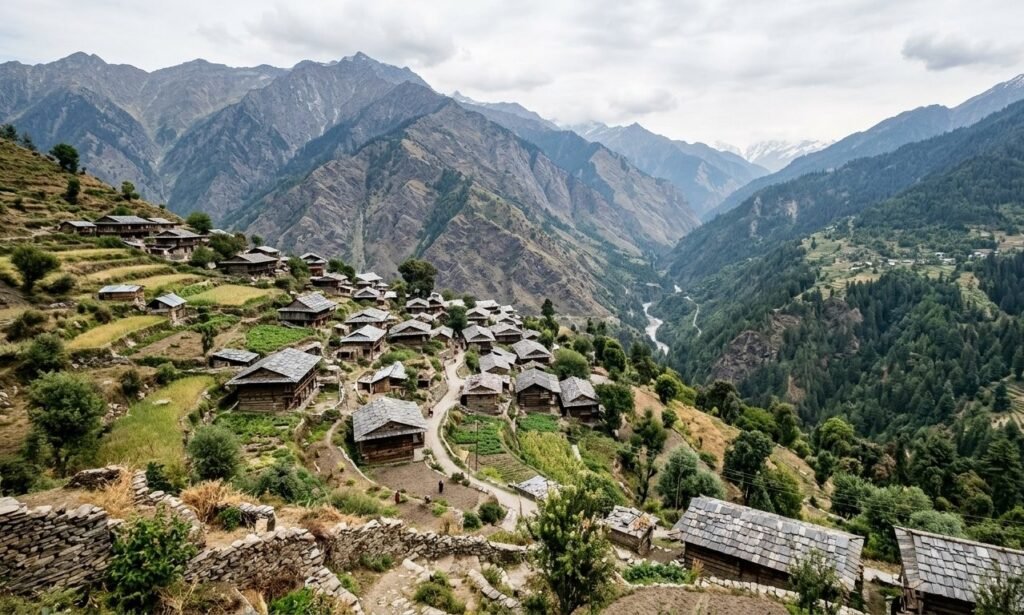 Himalayan mountain village surrounded by forest and hillside fields