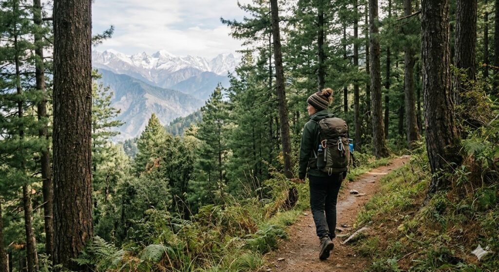 Traveler walking through a Himalayan mountain landscape