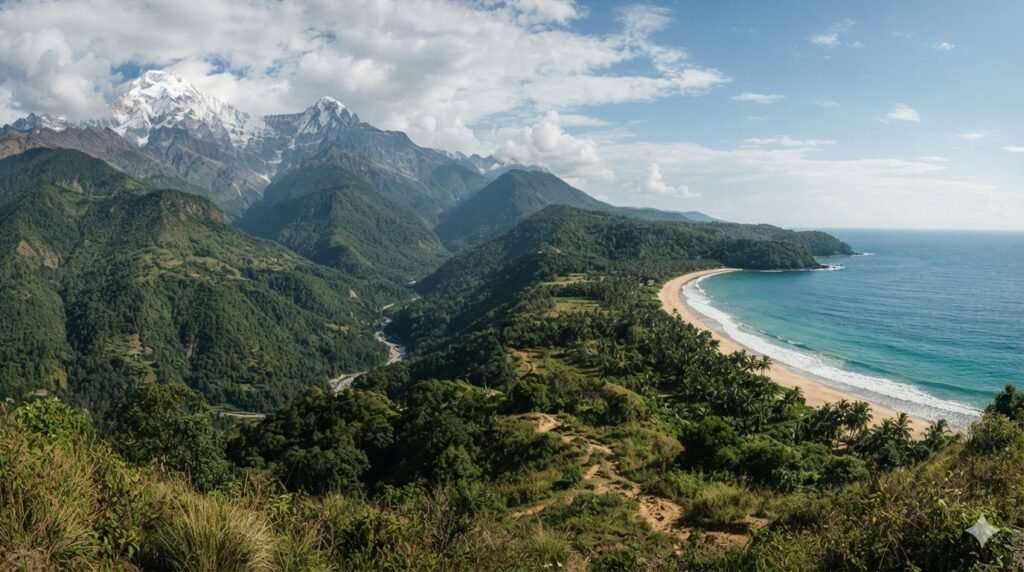 Mountain landscape and beach representing mountain holidays vs beach holidays