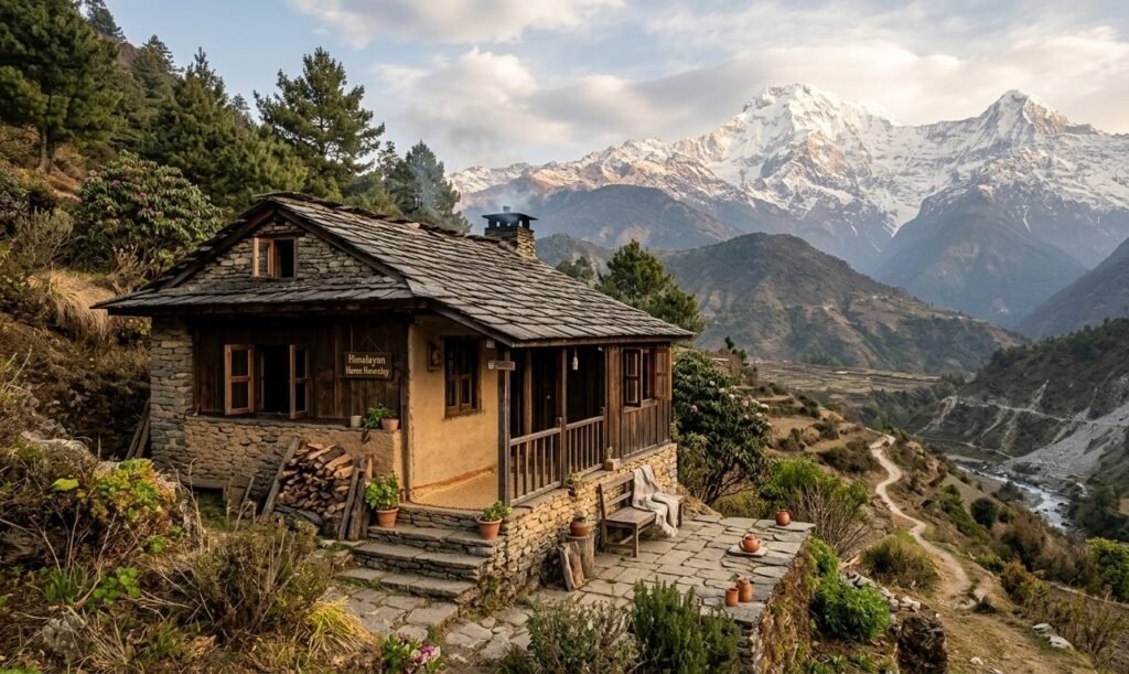 Mountain accommodation integrated naturally with the surrounding Himalayan landscape