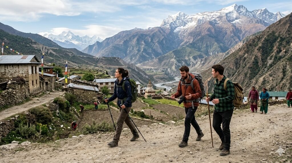 Travellers moving through a mountain destination and observing their surroundings