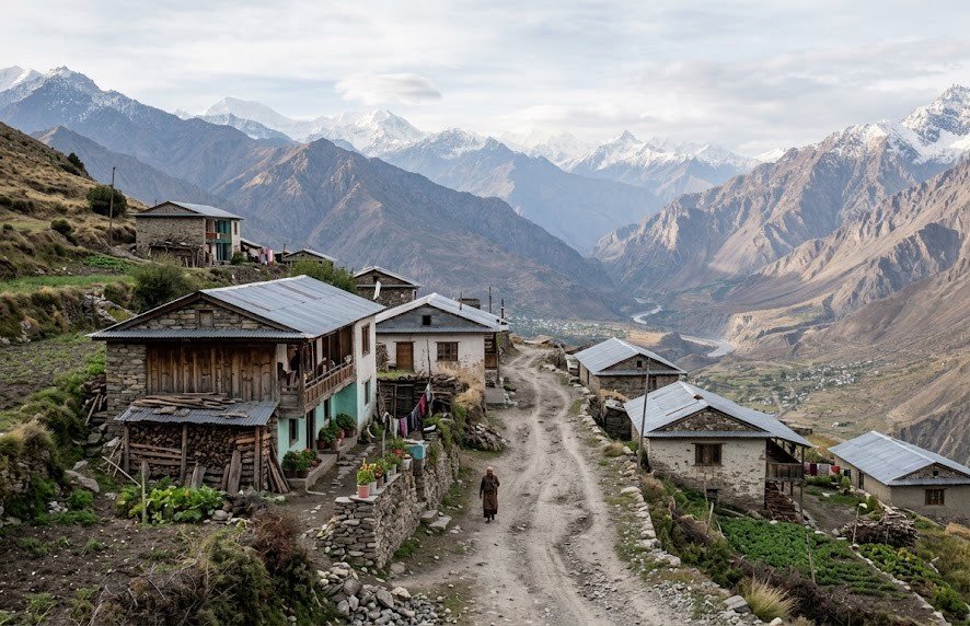 Quiet mountain village road opening toward distant Himalayan views
