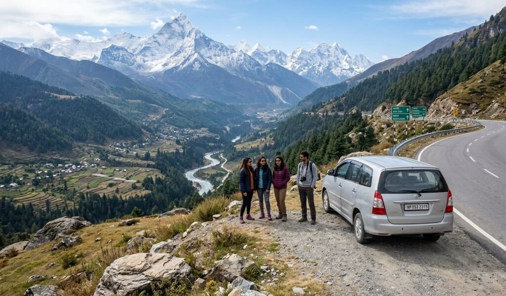 Travellers stopping safely beside a mountain road in Himachal Pradesh