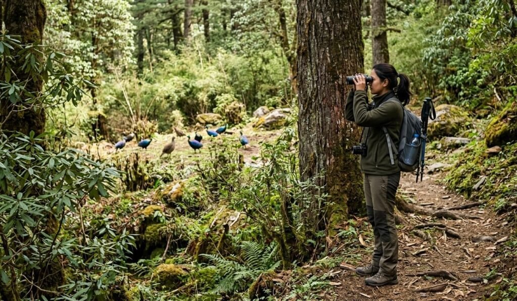 Traveller observing Himalayan wildlife from a respectful distance