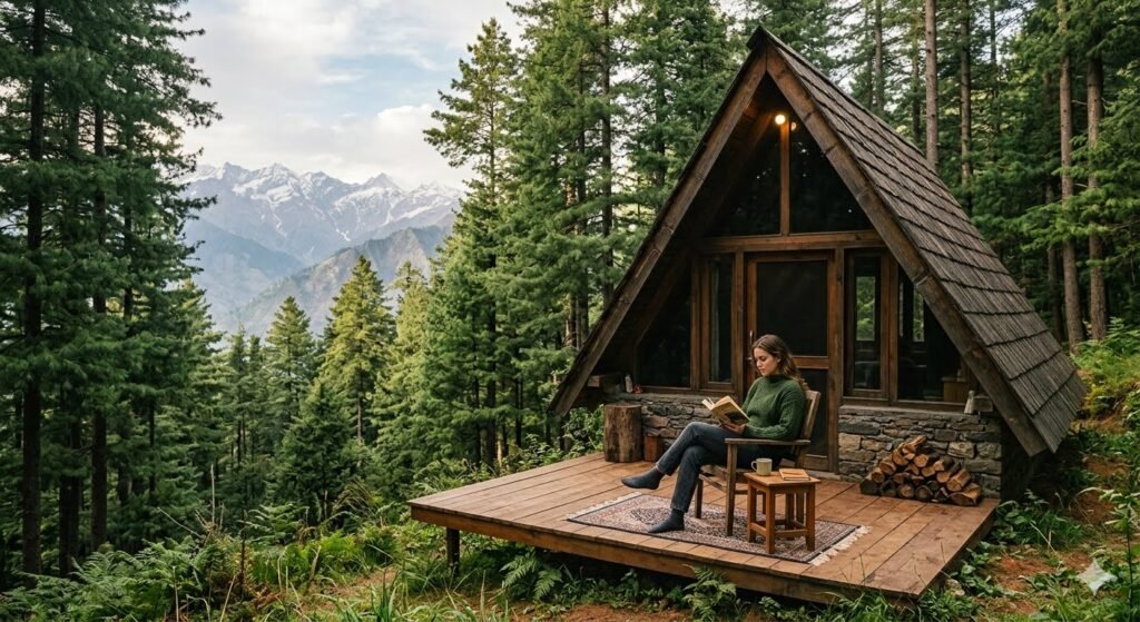 Cabin surrounded by Himalayan forest during a slow mountain holiday