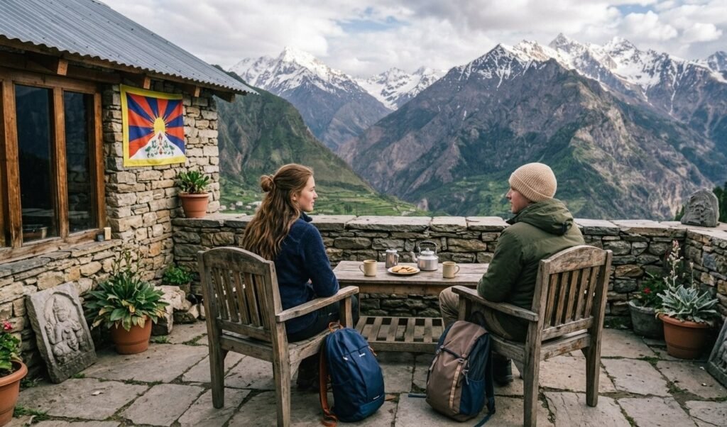 Travellers sharing tea during a mountain trip