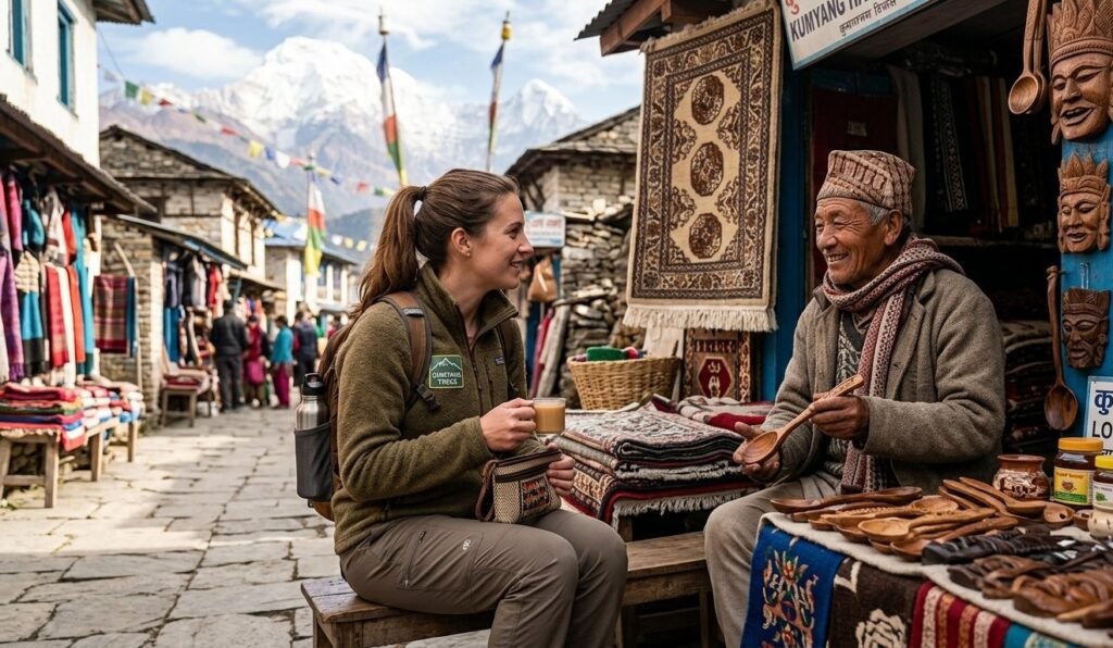 Traveller interacting with a local shopkeeper in Himachal Pradesh