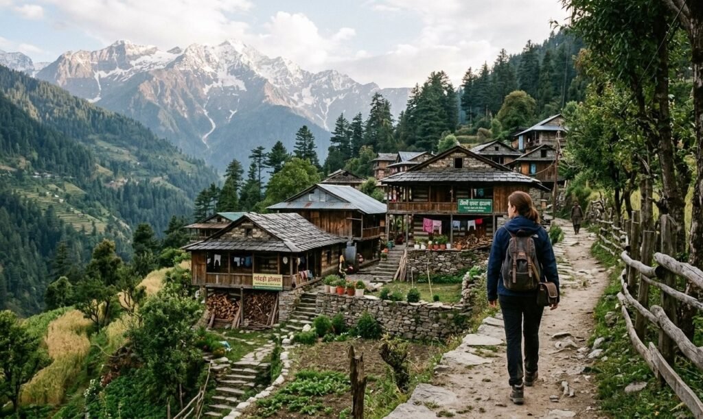 Traveller walking respectfully through a Himalayan village
