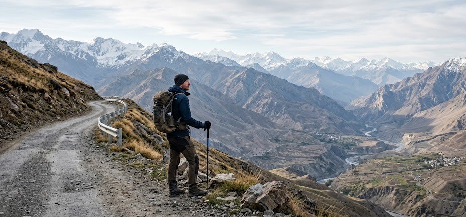 Traveller discovering an unexpected mountain view from a quiet Himalayan road