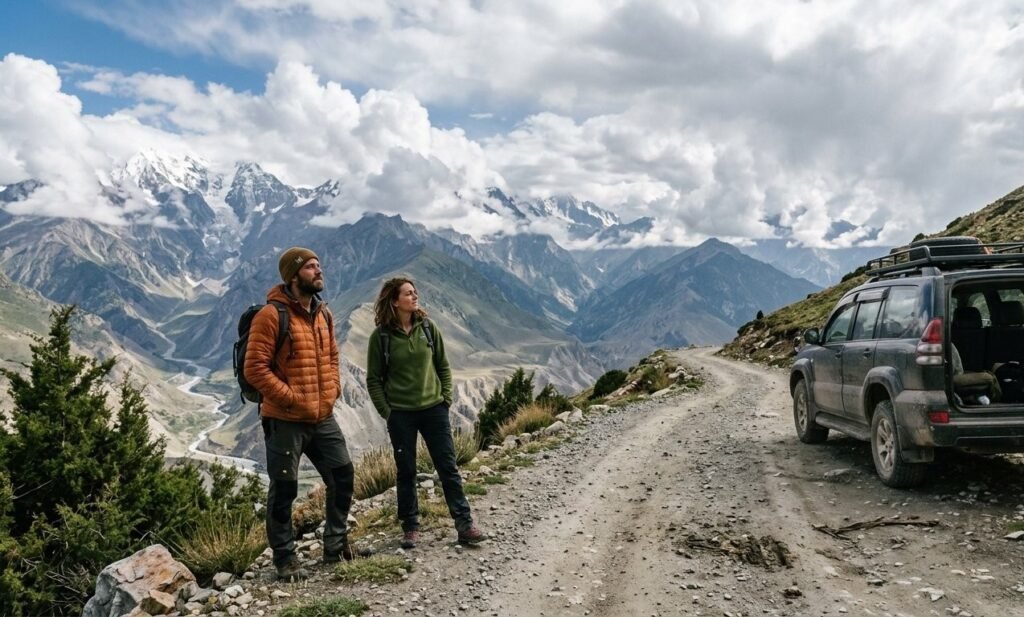 Travellers stopping to observe changing clouds in the Himalayan mountains