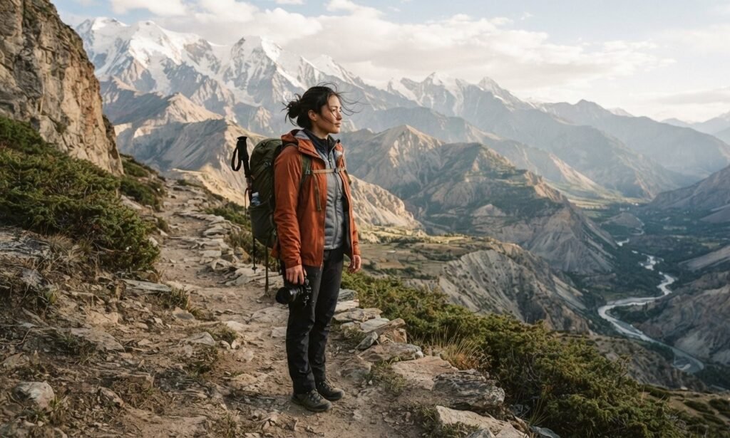 Traveller experiencing the Himalayan landscape beyond taking photographs